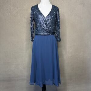 Marina Navy Sequin Formal Dress V Neck Chiffon Evening Gown Size 8